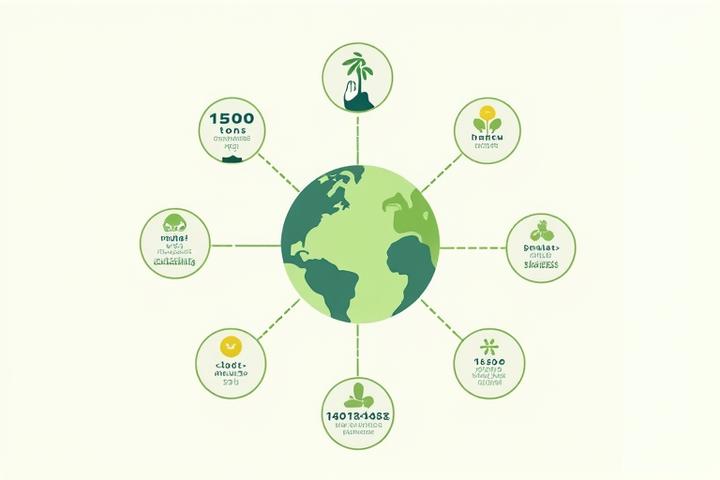Infographie stylisée montrant des icônes de durabilité connectées à un globe terrestre, avec des indicateurs de CO2 réduit et de communautés soutenues.