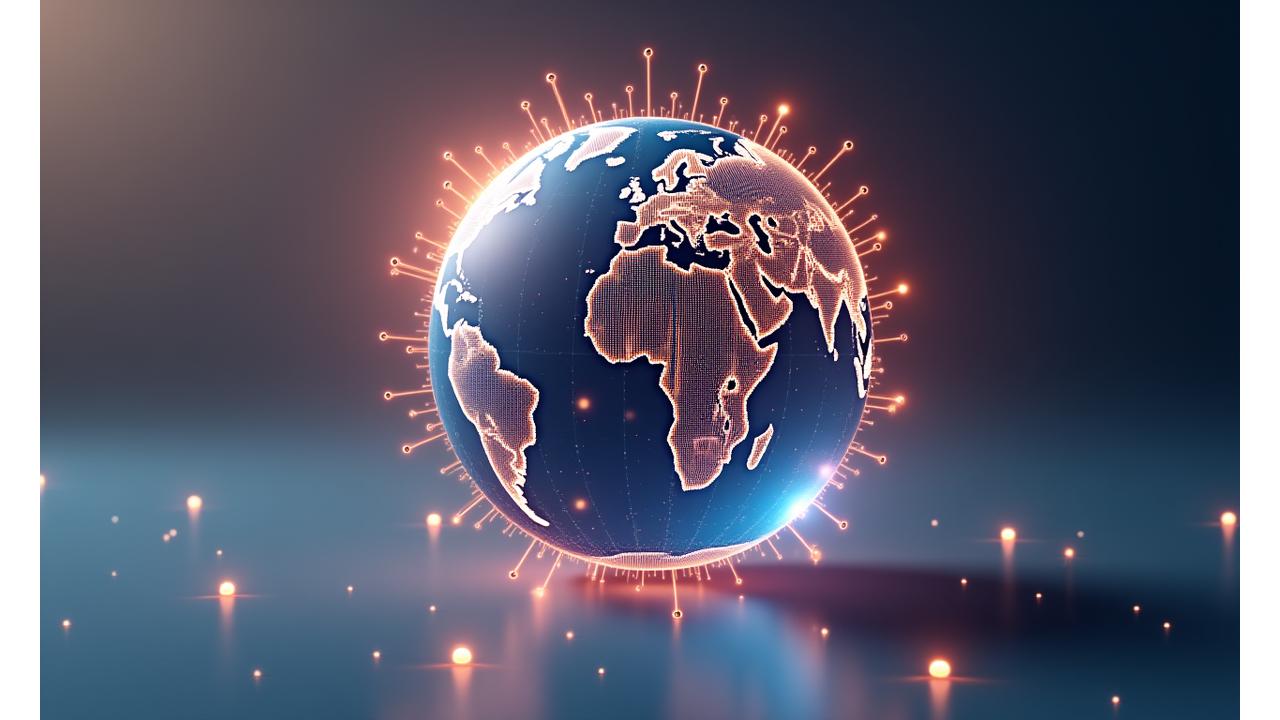 Représentation futuriste d'un globe terrestre avec des lignes de connexion lumineuses, symbolisant le voyage et la technologie.