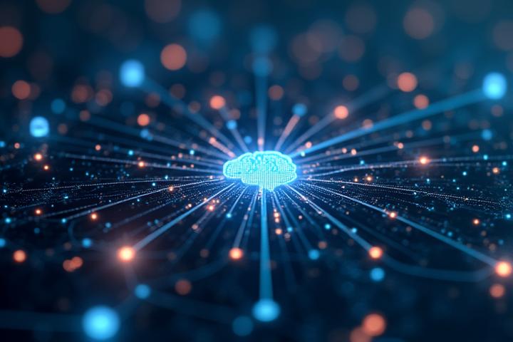 Schéma abstrait de réseaux neuronaux et flux de données, symbolisant l'IA et l'innovation.