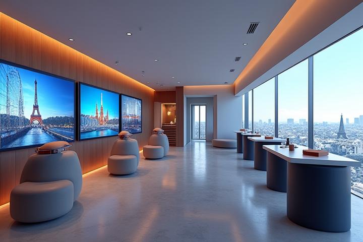 Intérieur moderne et élégant du showroom parisien d'Azimut Tech avec des stations de réalité virtuelle et des écrans interactifs.