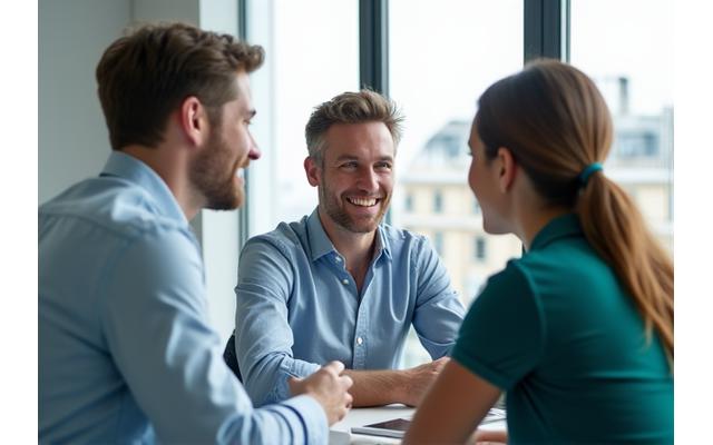 Deux conseillers Azimut Tech souriants discutant avec un client dans un bureau moderne et lumineux