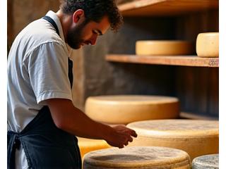 Fromager expert expliquant les fromages dans une cave d'affinage