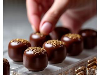 Chocolatier présentant des pralines artisanales dans sa boutique