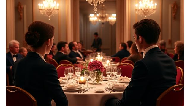 Couple dînant dans un château privé avec un quatuor à cordes en arrière-plan