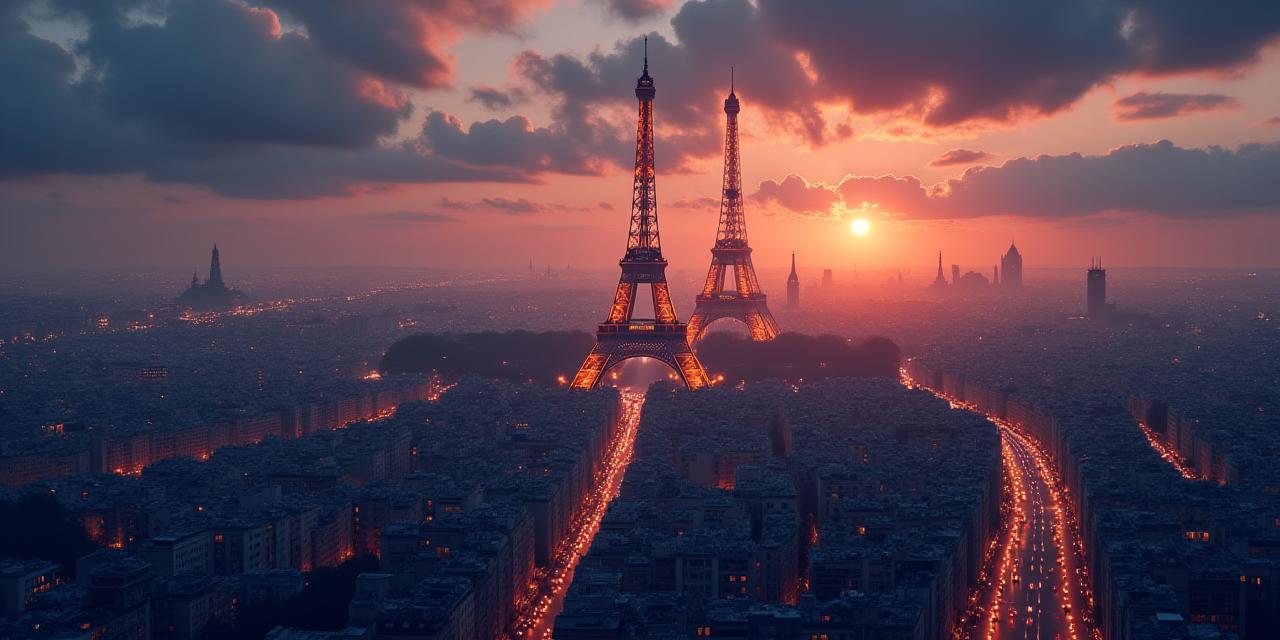 Vue panoramique de Paris au coucher du soleil avec des icônes superposées représentant la musique et la gastronomie