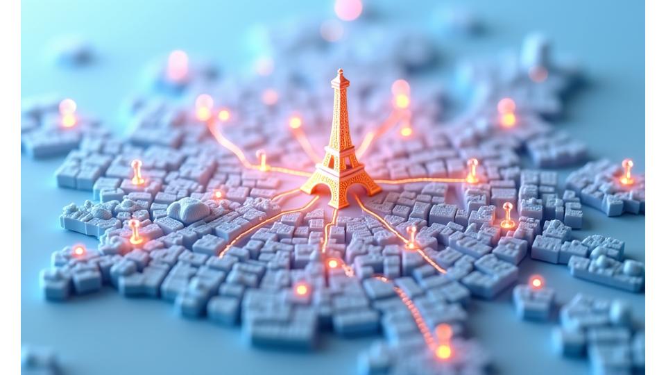 Carte stylisée de Paris annotée avec des icônes représentant des lieux musicaux et gastronomiques historiques