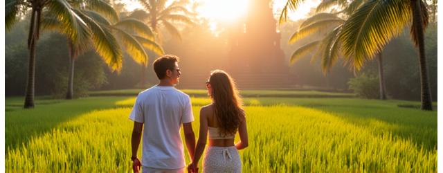 Couple en lune de miel devant un temple balinais avant et après l'optimisation Azimut Tech