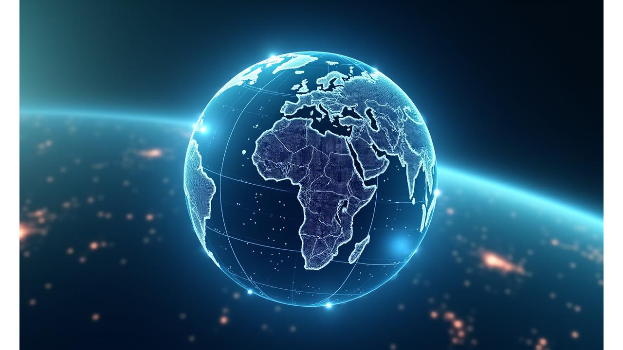 Globe 3D interactif visualisant des destinations de voyage connectées par des lignes de données lumineuses, symbolisant la planification de voyage par IA.