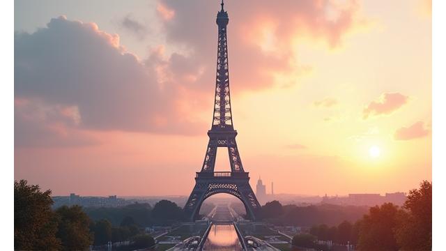 Vue immersive en VR de la Tour Eiffel au lever du soleil