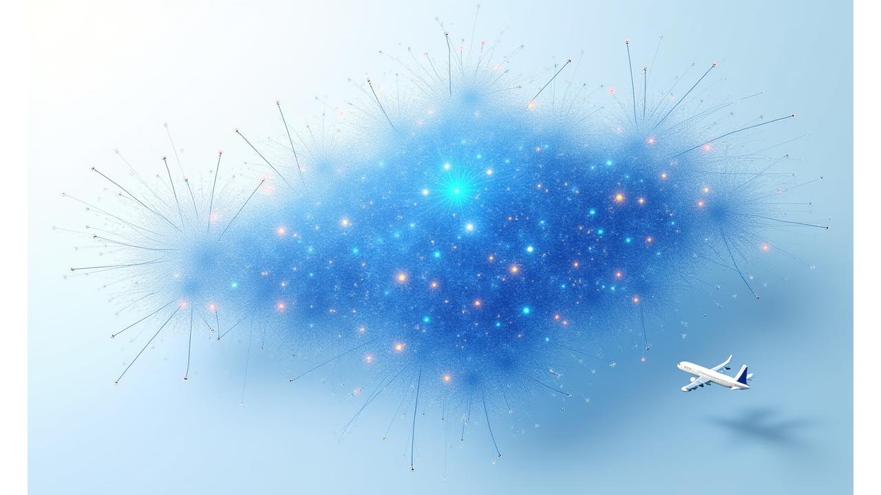 Matrice interactive ou nuage de points coloré représentant visuellement des dizaines de milliers de variables d'optimisation interconnectées (météo, trafic, événements locaux, préférences personnelles, coût, temps, intérêt culturel). Des lignes lumineuses relient ces variables, illustrant la pondération intelligente.