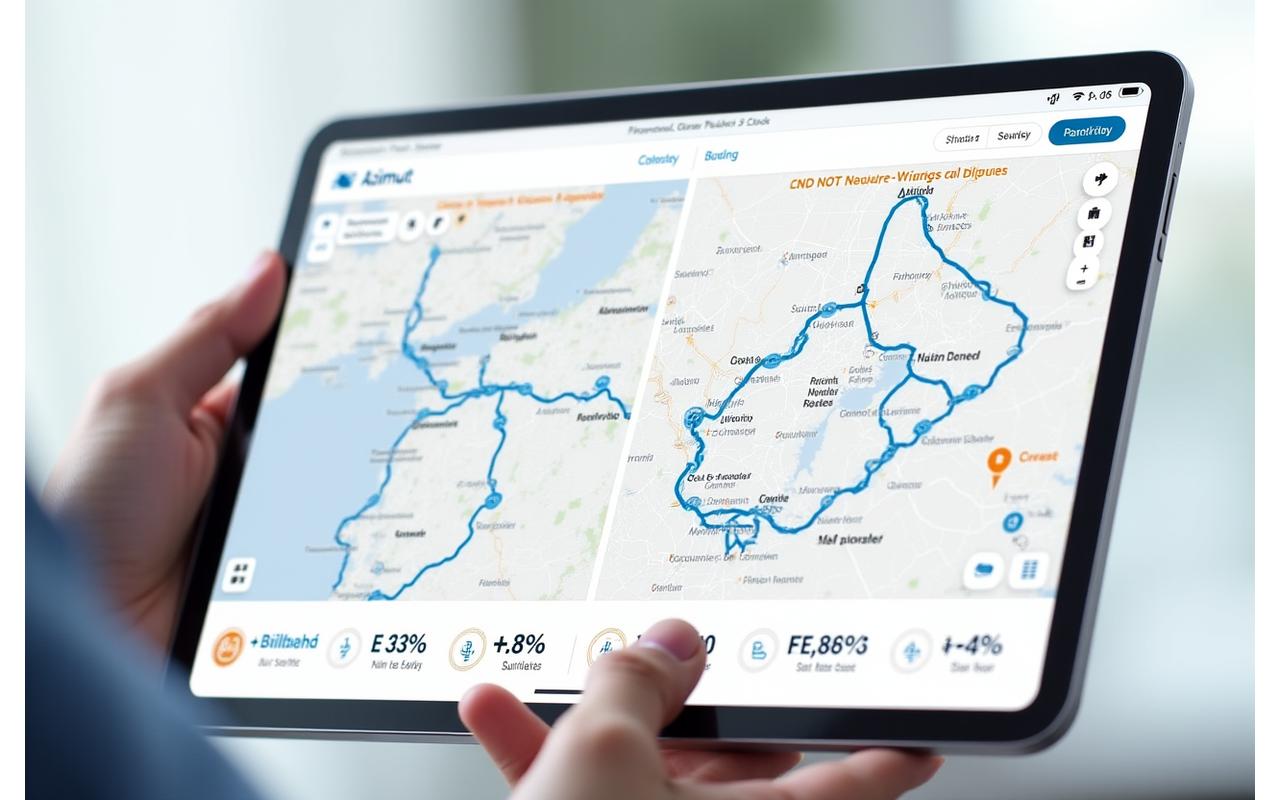 Interface utilisateur d'une application d'optimisation d'itinéraire montrant un écran partagé. À gauche, une carte avec un itinéraire non optimisé et des contraintes. À droite, la même carte avec un itinéraire fluide et des métriques de gain de temps et d'argent visibles.