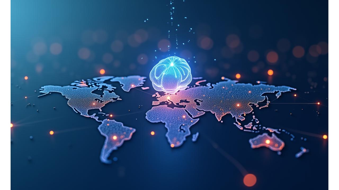 Infographie animée montrant le flux de données entrant dans un cerveau d'IA stylisé et générant des chemins de voyage personnalisés sur une carte du monde numérique.
