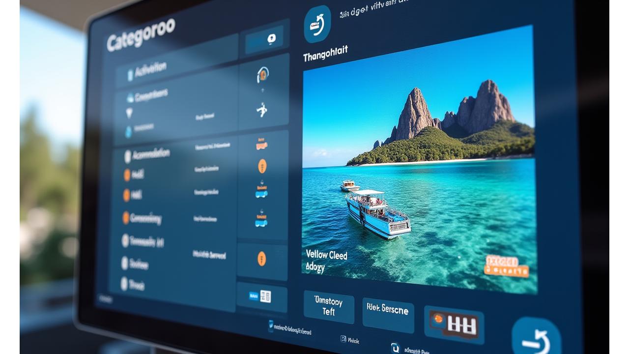 Interface utilisateur d'un configurateur de voyage en ligne montrant des icônes et des curseurs pour différents types de personnalisation: activités, hébergements, transport, avec des prix ajustés dynamiquement.