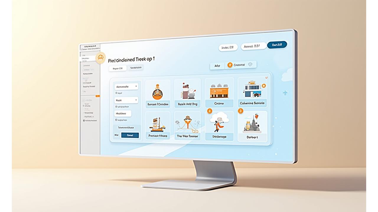 Illustration d'une interface utilisateur élégante présentant des options de voyage personnalisées, avec des icônes représentant différents intérêts comme la cuisine, l'aventure, l'art.
