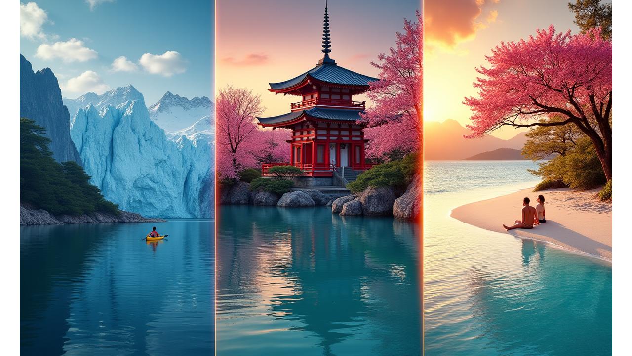 Illustration d'une frise chronologique narrative avec des photos des destinations les plus spectaculaires créées par Azimut Tech's AI: un voyage en Islande, une immersion culturelle au Japon, et une aventure en Patagonie.