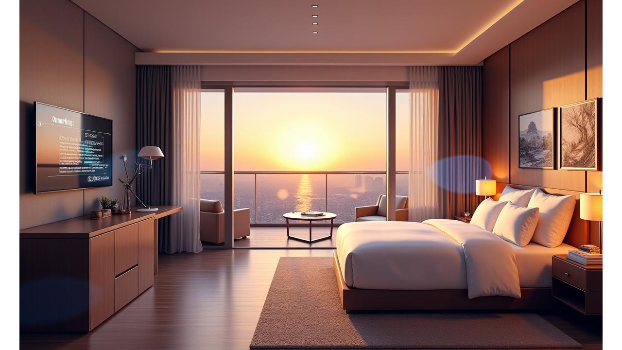 Vue immersive en réalité virtuelle d'une chambre d'hôtel luxueuse et moderne, avec balcon donnant sur une vue pittoresque, montrant des annotations interactives pour les caractéristiques de la pièce.