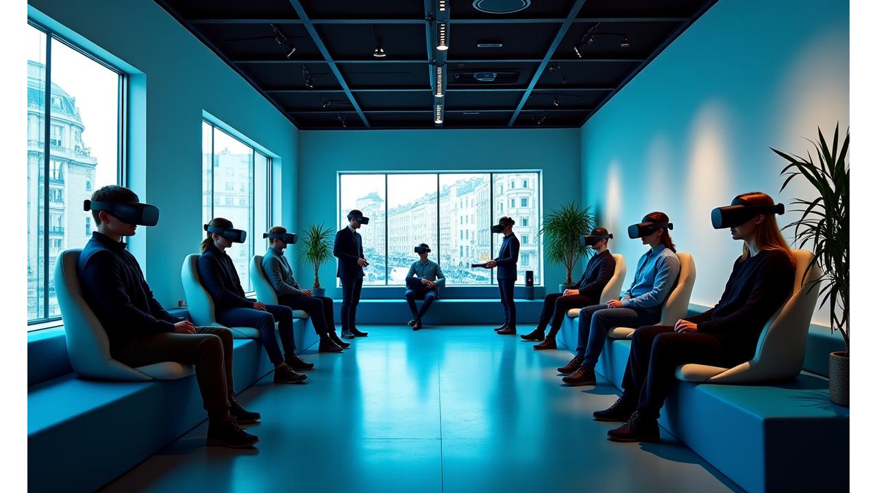 Intérieur moderne et spacieux du showroom VR d'Azimut Tech à Paris, avec plusieurs stations de réalité virtuelle occupées par des personnes en train d'explorer des destinations, dans une ambiance lumineuse et futuriste.