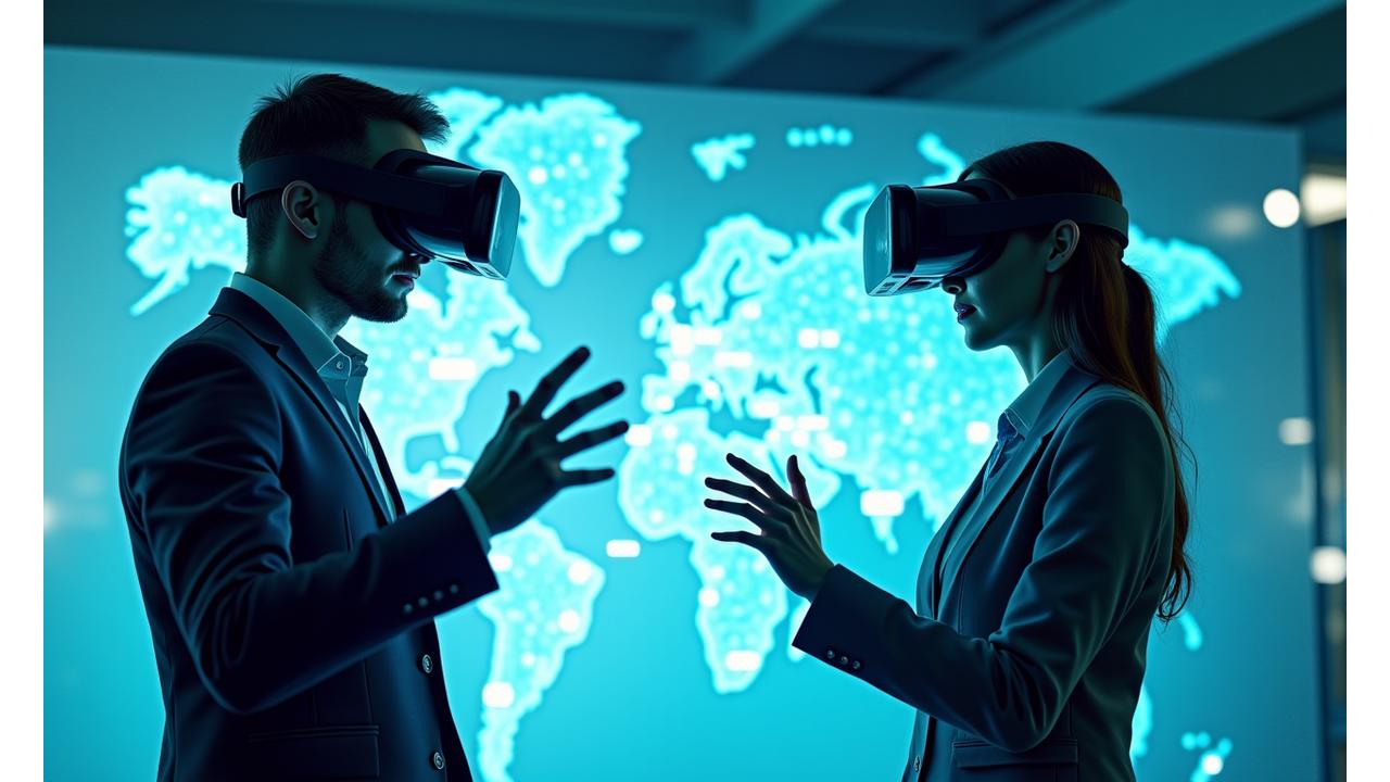 Deux personnes, un client et un consultant, interagissant dans une expérience VR collaborative, partageant un espace virtuel de planification de voyage avec des cartes 3D et des informations flottantes.