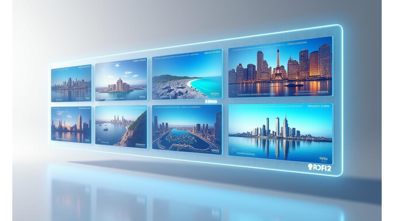 Interface utilisateur d'une bibliothèque d'expériences de voyage en réalité virtuelle, présentant des thumbnails de différentes destinations en 8K avec des tags pour le filtrage.
