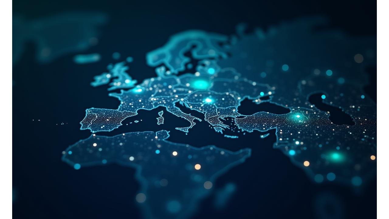 Carte interactive stylisée de l'Europe et de l'Afrique, avec des points lumineux indiquant les emplacements des partenaires certifiés durables d'Azimut Tech.