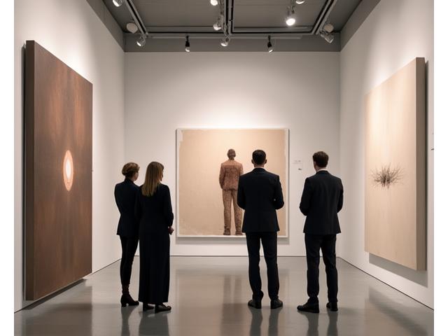 Visite privée d'une galerie d'art moderne, avec un petit groupe de personnes admirant une sculpture contemporaine sous un éclairage sophistiqué.