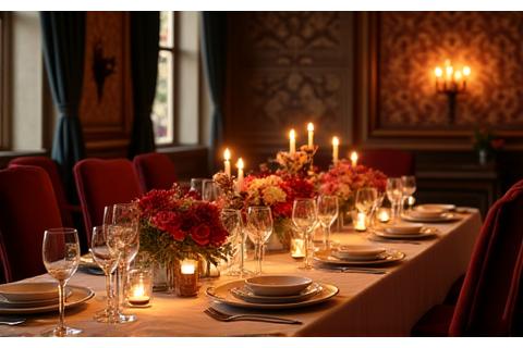 Table de dîner dressée dans un château historique avec des chandeliers et une vaisselle fine, ambiance intime et luxueuse.