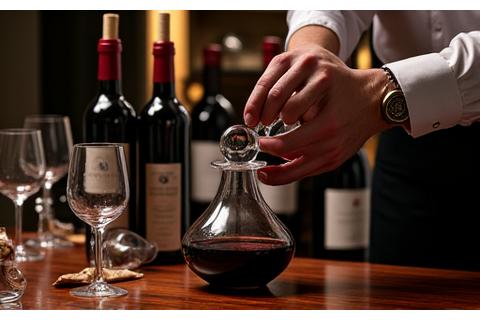Sommelier expertise le vin pendant une dégustation privée, la lumière reflétant sur les verres à pied et les bouteilles de grand cru.