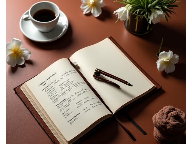 Un carnet de voyage ouvert à côté d'un stylo plume élégant et d'une tasse de café, symbolisant la planification méticuleuse et le luxe discret.