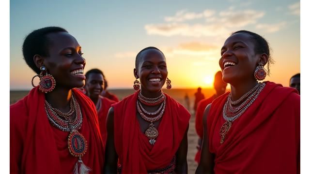 Groupe de Maasai vêtus de leurs robes rouges traditionnelles, chantant et dansant sous un ciel africain éclatant.
