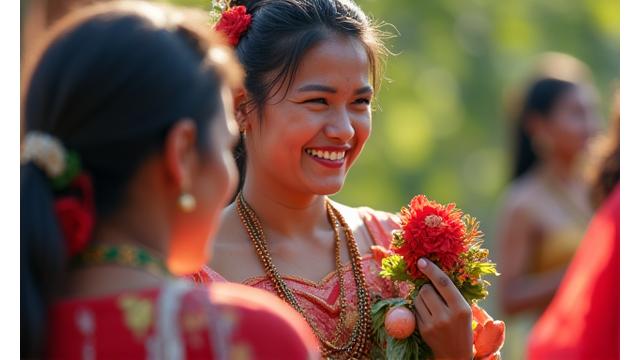 Femme participant à une cérémonie traditionnelle asiatique, entourée de couleurs vives et de sourires authentiques.