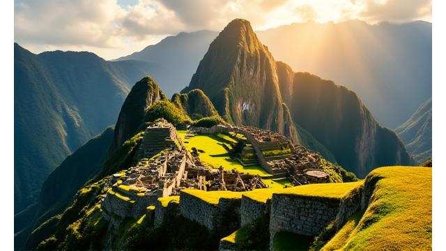 Vue panoramique d'anciennes ruines Inca perchées dans les montagnes péruviennes, baignées de lumière dorée.