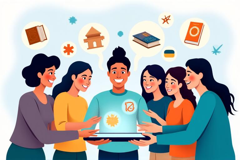 Illustration d'étudiants multiculturels collaborant sur des tablettes, avec des icônes représentant l'histoire, l'art et les langues flottant autour d'eux.