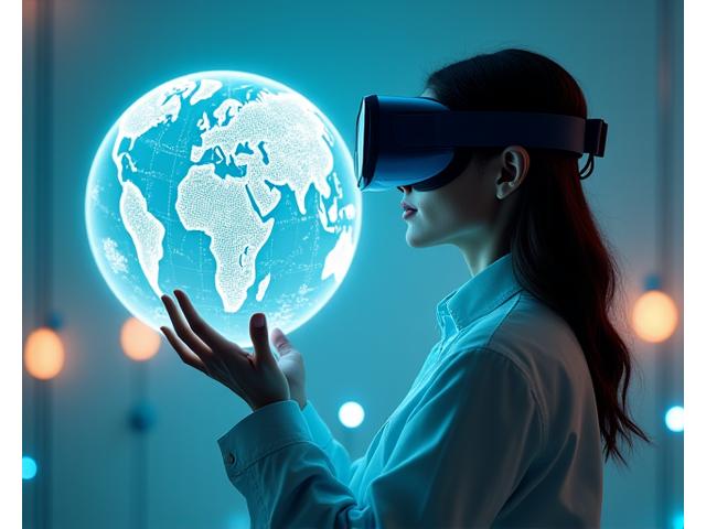 Personne explorant une carte holographique du monde via un casque VR, symbolisant l'immersion culturelle.