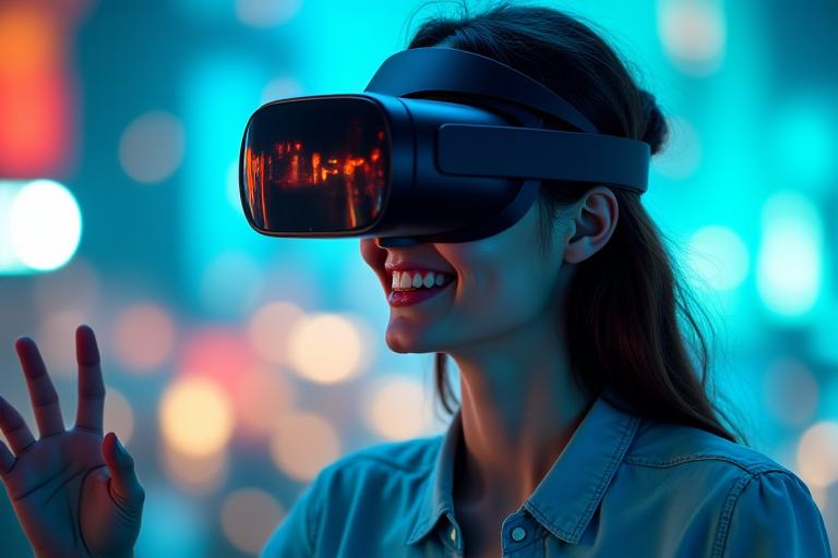 Femme souriante portant un casque VR, les mains étendues comme pour interagir avec un monde virtuel éclatant.