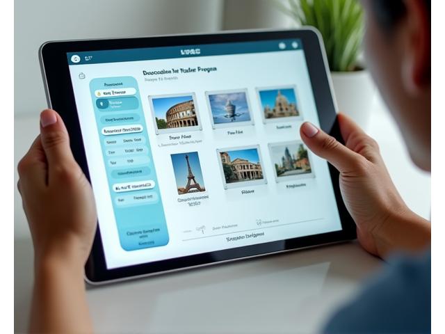 Interface d'un catalogue de voyages éducatifs avec des filtres pour niveau, thématique et durée