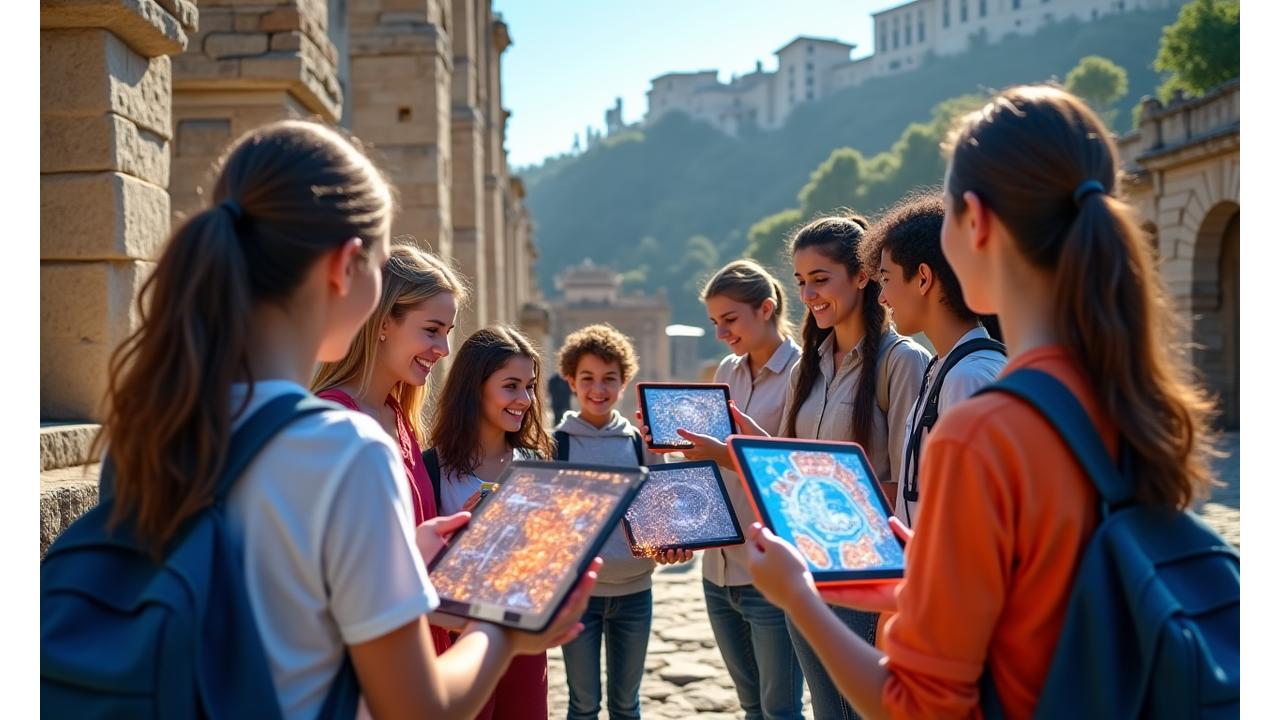 Groupe d'élèves engagés dans une activité interactive de voyage éducatif, utilisant des tablettes pour la réalité augmentée