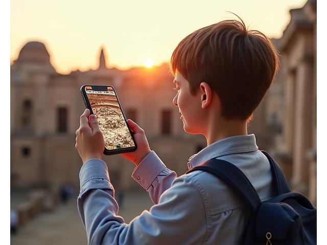 Élèves utilisant une application mobile éducative avec des éléments de réalité augmentée superposés sur un monument historique